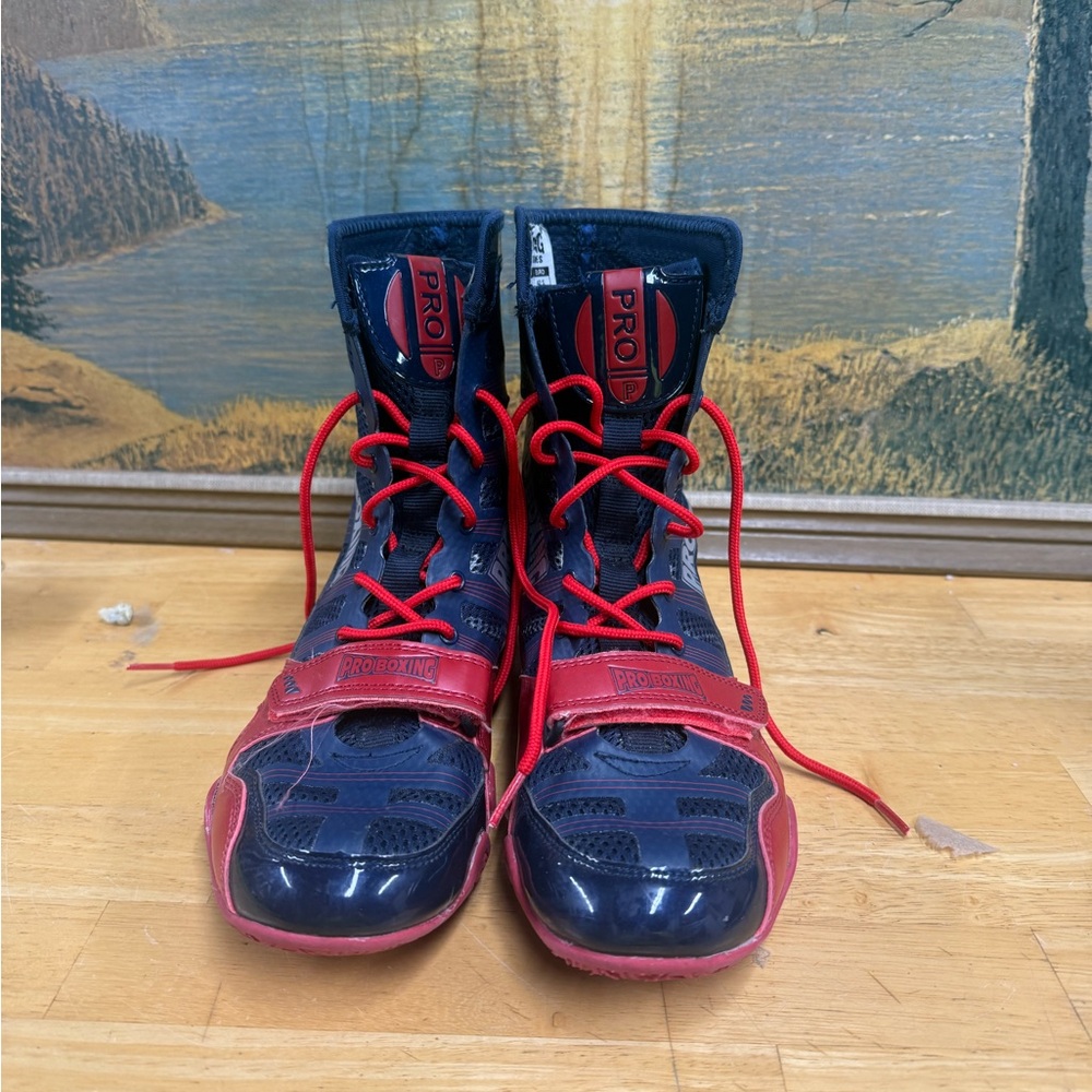 ProBoxing Hyper Flex Boxing Shoes, Navy Blue red, Size 9, Forefoot Buckle Strap